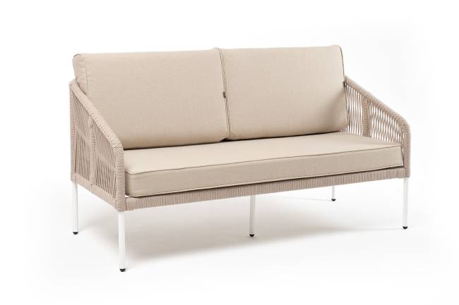 "Канны" диван 2-местный плетеный из роупа, каркас алюминий белый муар, роуп бежевый круглый, ткань бежевая 052 "Канны" диван 2-местный плетеный из роупа, каркас алюминий белый муар, роуп бежевый круглый, ткань бежевая 052