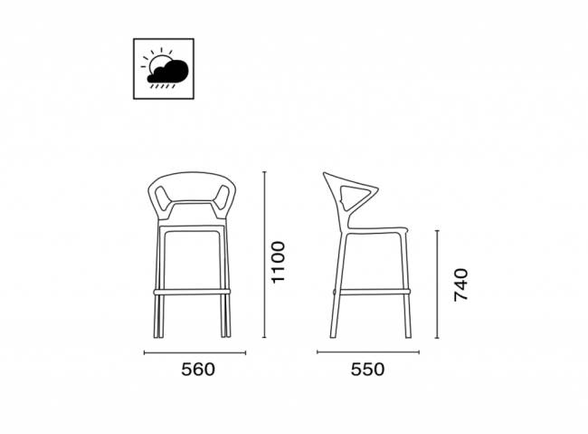 Кресло пластиковое барное Ego-K Bar сатинированный алюминий, черный матовый, прозрачный 560х550х1100 мм