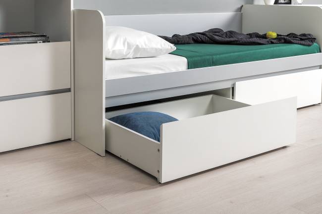 Мебель для детской комнаты с кроватью с ящиками Торонто № 23 цвет белый шагрень/стальной серый