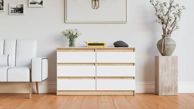 Широкий комод шесть ящиков Мори МК1200.6 цвет дуб сонома/белый