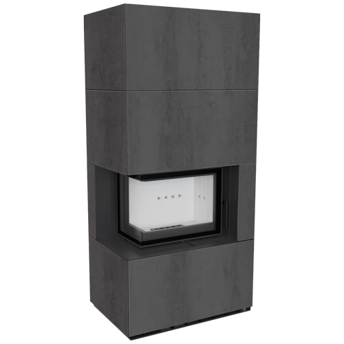 Каминокомплект Kratki PRO FLOKI NATURALI PIETRA DI SAVOIA ANTRANCITE BOCCIARDATA, угловое стекло слева