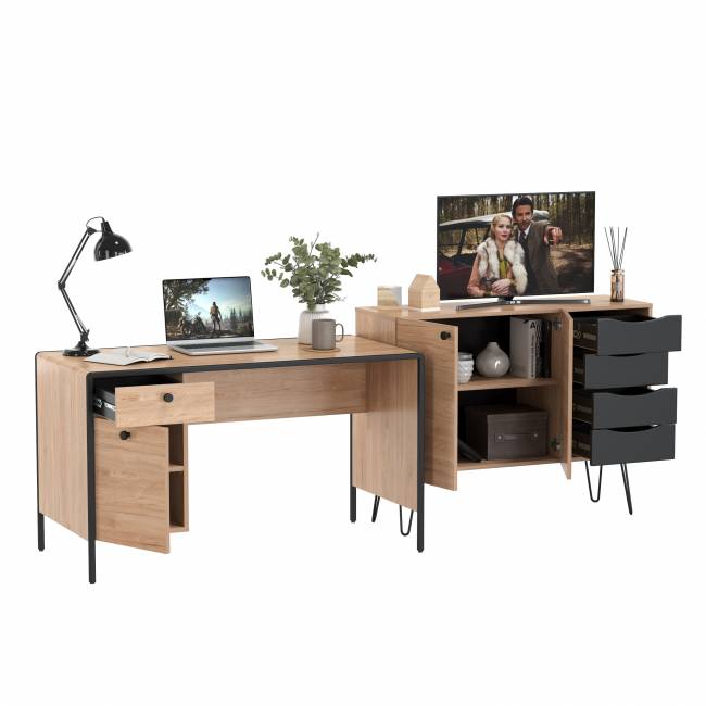 Брюс письменный стол с комодом цвет чёрный/Battle rock Santiago/столешница МДФ ель карпатская Брюс письменный стол с комодом цвет чёрный/Battle rock Santiago/столешница МДФ ель карпатская