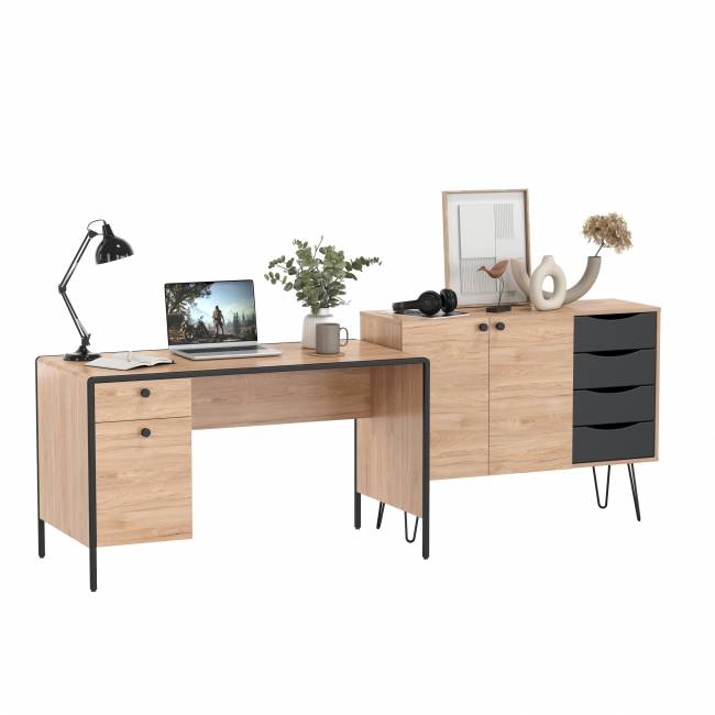 Брюс письменный стол с комодом цвет чёрный/Battle rock Santiago/столешница МДФ ель карпатская Брюс письменный стол с комодом цвет чёрный/Battle rock Santiago/столешница МДФ ель карпатская