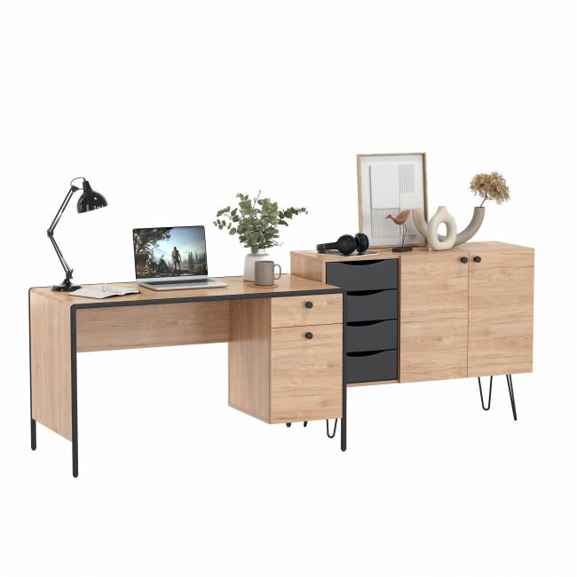 Брюс письменный стол с комодом цвет чёрный/Battle rock Santiago/столешница МДФ ель карпатская Брюс письменный стол с комодом цвет чёрный/Battle rock Santiago/столешница МДФ ель карпатская